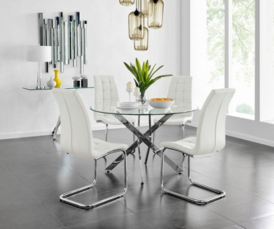 Furniturebox Uk Novara Chrome Metal And Glass Large Round Dining Table And 4 White Murano Chairs Set - image 1