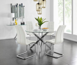 Furniturebox Uk Novara Chrome Metal And Glass Large Round Dining Table And 4 White Murano Chairs Set - thumbnail 1