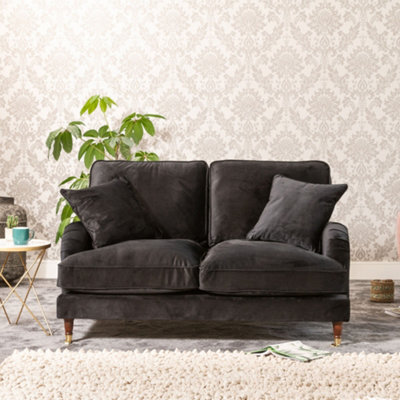 Mackenzie 150Cm Wide Ebony Black 2 Seat Velvet Fabric Sofa With Brass Coloured Wheel Tipped Walnut Coloured Wooden Legs