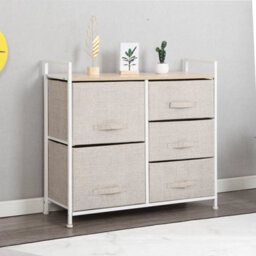 Beige Fabric Chest Of Drawers 5 Drawer Wardrobe Storage - thumbnail 3