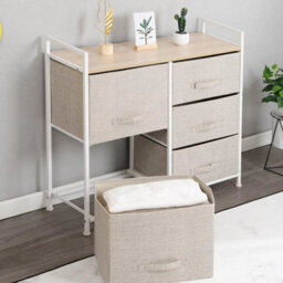 Beige Fabric Chest Of Drawers 5 Drawer Wardrobe Storage - thumbnail 4