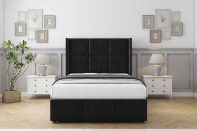 "Comfort Charlie Black Plush Divan Bed Set No Drawers - 54"" Wingback & 12"" Footboard 4' Small Double" - image 1