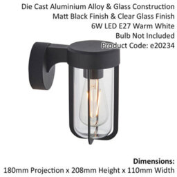 Matt Black Outdoor Wall Light With Clear Glass Shade - Ip44 Rated - Led Bulb - thumbnail 2
