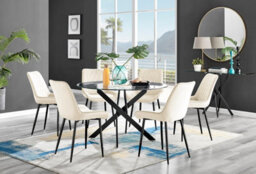 Furniturebox Uk Novara Black Leg 120Cm Round Glass Dining Table & 6 Cream Pesaro Black Leg Chairs