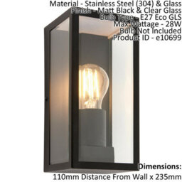 Outdoor Wall Light Ip44 Matt Black & Clear Glass 28W E27 Eco Gls Dimmable - thumbnail 2