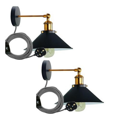 Pair Of Black Inner White & Yellow Brass Plug In Wall Spotlights Light Fitting With Dimmer Switch - image 1