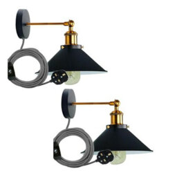 Pair Of Black Inner White & Yellow Brass Plug In Wall Spotlights Light Fitting With Dimmer Switch - thumbnail 1