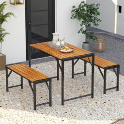 Costway 3-Pieces Patio Dining Set 110Cm Acacia Wood Table & 2 Benches Indoor Outdoor - thumbnail 9