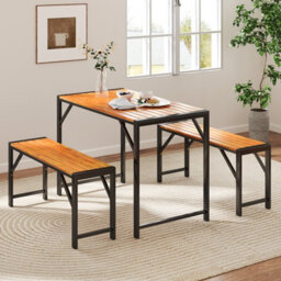 Costway 3-Pieces Patio Dining Set 110Cm Acacia Wood Table & 2 Benches Indoor Outdoor - thumbnail 1