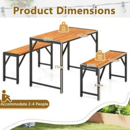 Costway 3-Pieces Patio Dining Set 110Cm Acacia Wood Table & 2 Benches Indoor Outdoor - thumbnail 2