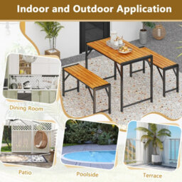 Costway 3-Pieces Patio Dining Set 110Cm Acacia Wood Table & 2 Benches Indoor Outdoor - thumbnail 6