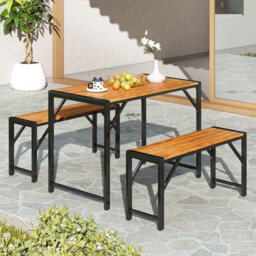 Costway 3-Pieces Patio Dining Set 110Cm Acacia Wood Table & 2 Benches Indoor Outdoor - thumbnail 7