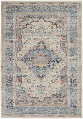Ivory Blue Rug, Stain-Resistant Bordered Floral Rug, Traditional Luxurious Rug For Bedroom, & Dining Room-61Cm X 173Cm (Runner) - image 1
