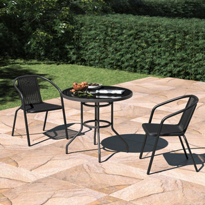 Living And Home Set Of 3 Black 2 Seater Garden Furniture Set Patio Round Glass Table And Stackable Rattan Chairs Set 80 Cm - image 1