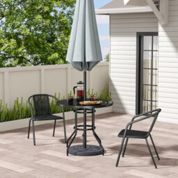 Living And Home Set Of 3 Black 2 Seater Garden Furniture Set Patio Round Glass Table And Stackable Rattan Chairs Set 80 Cm - thumbnail 2