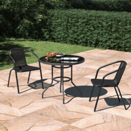 Living And Home Set Of 3 Black 2 Seater Garden Furniture Set Patio Round Glass Table And Stackable Rattan Chairs Set 80 Cm - thumbnail 1