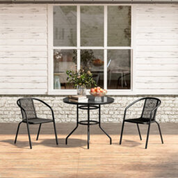 Living And Home Set Of 3 Black 2 Seater Garden Furniture Set Patio Round Glass Table And Stackable Rattan Chairs Set 80 Cm - thumbnail 3