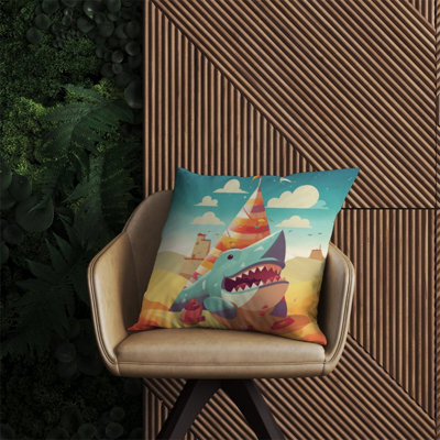 Warren Reed Designer Shark On A Beach Holiday Outdoor Cushion 60Cm X 60Cm