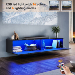 Elegant Floating Tv Unit Cabinet With Led Lights, Black Wall-Mounted Tv Stand Shelf, 1400X300X350mm - thumbnail 3