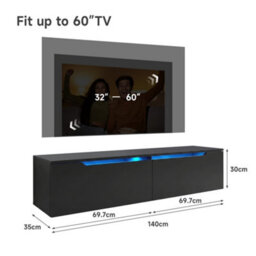 Elegant Floating Tv Unit Cabinet With Led Lights, Black Wall-Mounted Tv Stand Shelf, 1400X300X350mm - thumbnail 2