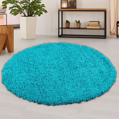 STALWART 120Cm Round Teal Blue Shaggy Rug - 5Cm Thick Pile Soft Touch Modern Circular Rug - Washable Area Rug - image 1