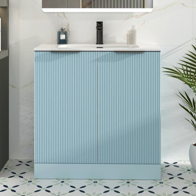 Royal Bathrooms Evora 800mm Powder Blue Fluted Floor Standing Bathroom Vanity Unit 2 Door Cabinet Storage With Ceramic Basin & Matt Black Handles - image 1
