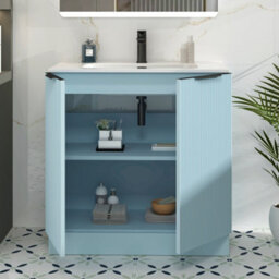 Royal Bathrooms Evora 800mm Powder Blue Fluted Floor Standing Bathroom Vanity Unit 2 Door Cabinet Storage With Ceramic Basin & Matt Black Handles - thumbnail 3