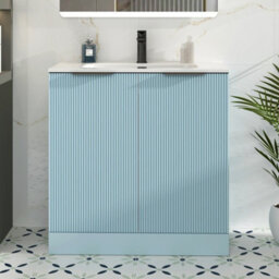 Royal Bathrooms Evora 800mm Powder Blue Fluted Floor Standing Bathroom Vanity Unit 2 Door Cabinet Storage With Ceramic Basin & Matt Black Handles - thumbnail 1