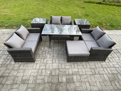 Fimous Wicker Pe Rattan Garden Furniture Sets Outdoor Lounge Sofa Set With Oblong Dining Table Double Seat Sofa 2 Side Tables - image 1