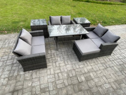 Fimous Wicker Pe Rattan Garden Furniture Sets Outdoor Lounge Sofa Set With Oblong Dining Table Double Seat Sofa 2 Side Tables - thumbnail 2