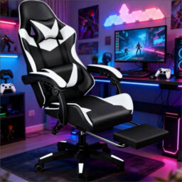 White/black-Gaming Massage Chair Footrest Office Computer - thumbnail 3