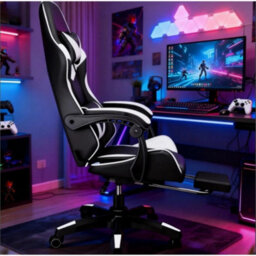 White/black-Gaming Massage Chair Footrest Office Computer - thumbnail 4