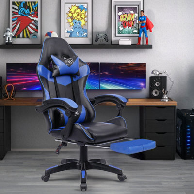 Neo Blue Massage Leather Recliner Computer Gaming Office Chair With Footrest - image 1