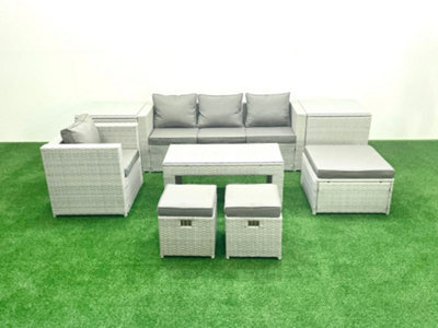 Fimous Rattan Garden Furniture Set Outdoor Lounger Sofa Coffee Table 3 Stools 2 Side Tables Light Grey 7 Seater - image 1