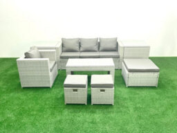 Fimous Rattan Garden Furniture Set Outdoor Lounger Sofa Coffee Table 3 Stools 2 Side Tables Light Grey 7 Seater - thumbnail 1