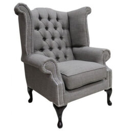 Chesterfield High Back Wing Chair Charles Slate Real Linen Fabric In Queen Anne Style - thumbnail 1