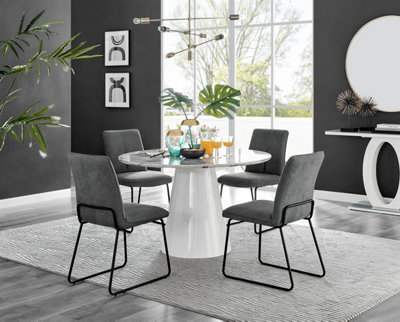 Furniturebox Uk Palma White Marble Effect Round Dining Table & 4 Dark Grey Halle Black Leg Chairs - image 1