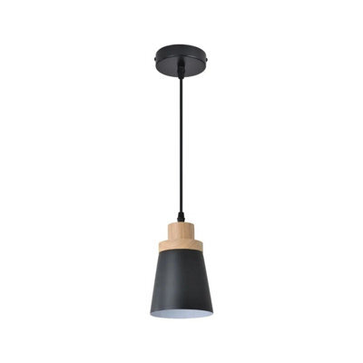 Simple Lighting Black Cylinder E27 Pendant Light With Wooden Top And 1 Metre Cable - image 1