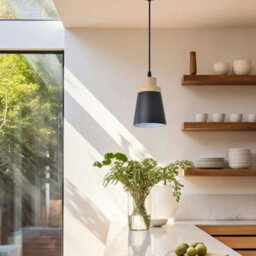 Simple Lighting Black Cylinder E27 Pendant Light With Wooden Top And 1 Metre Cable - thumbnail 2