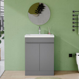 AVER-GROWTH 600mm Vanity Unit With Basin High Gloss Grey Resin Sink Floor Standing Bathroom Storage Cabinet Soft Close Hinges 2 Doors - thumbnail 5