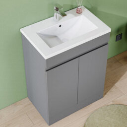 AVER-GROWTH 600mm Vanity Unit With Basin High Gloss Grey Resin Sink Floor Standing Bathroom Storage Cabinet Soft Close Hinges 2 Doors - thumbnail 3