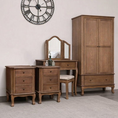 Melody Maison Dark Wood Wardrobe, Dressing Table Desk With Triple Mirror, Stool And Pair Of Bedside Tables - Ashwell Range - image 1