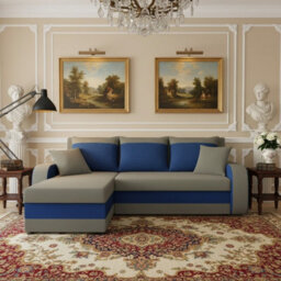 Kris M Corner Sofa Bed With Two Bedding Storage Compartments Polyurethane Foam Frame Plastic Legs 238X147X80Cm Grey And Blue - thumbnail 2