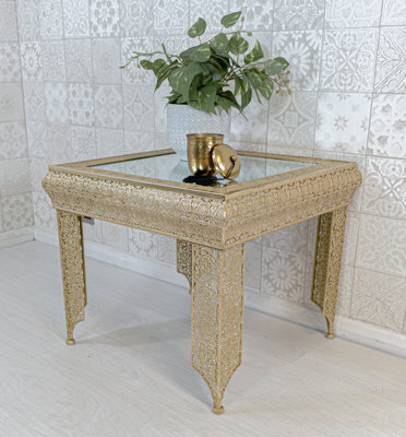 Downton Interiors Light Gold Embossed Metal Mirrored Glass Side Table - Agadir Range - image 1