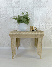 Downton Interiors Light Gold Embossed Metal Mirrored Glass Side Table - Agadir Range - thumbnail 2