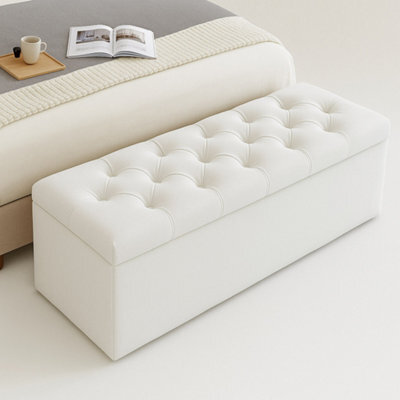 150Cm Chesterfield Ottoman Storage Box, White Plush Velvet Upholstered Blanket Box, End Of Bed Bench, Deep Storage Chest - image 1