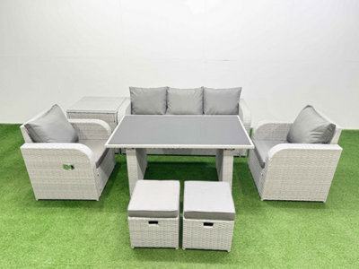 Fimous Outdoor Rattan Garden Furniture Dining Set 7-Seater Patio Rectangular Table 3 Seater Sofa Set With Side Table 2 Small Stool - image 1