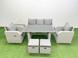Fimous Outdoor Rattan Garden Furniture Dining Set 7-Seater Patio Rectangular Table 3 Seater Sofa Set With Side Table 2 Small Stool - thumbnail 1