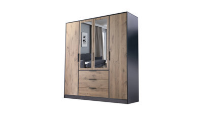 Arte Contemporary Black & Oak Viking 4-Door Wardrobe With Mirror - Spacious Modern Storage Solution - image 1