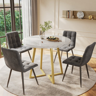 Abrihome 5-Piece Round Dining Set - 80Cm White Table W/gold Legs & 4 Grey Velvet Chairs, Modern Kitchen Table Set - image 1